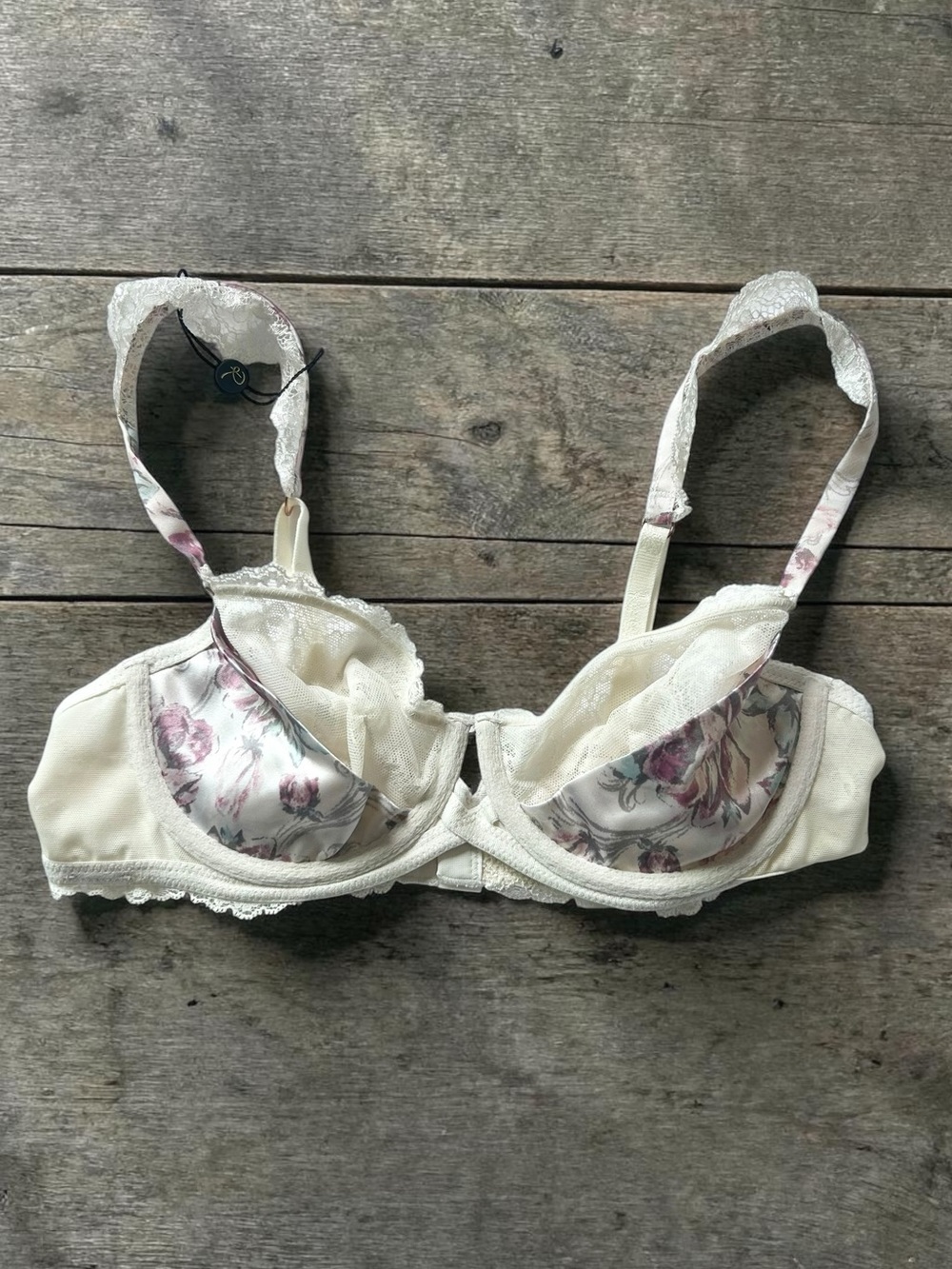 Rosie for Autograph Silk Blend White & Purple Floral Lace Bra 34B